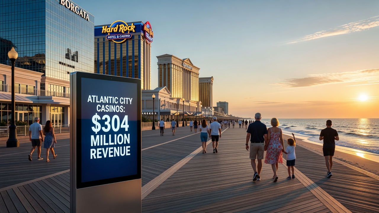View of Atlantic City skyline and boardwalk area near casino resorts